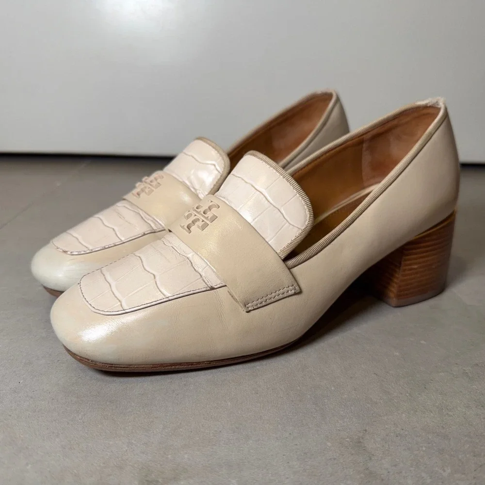 Tory Burch Everly Loafers 8M Cream Leather Block Heel Croc Double T Professional
